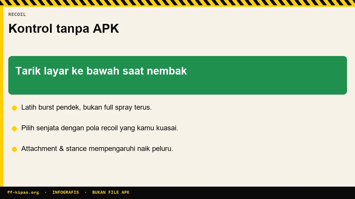 Infografis cara mengatasi recoil Free Fire dengan tarik layar dan pilihan senjata