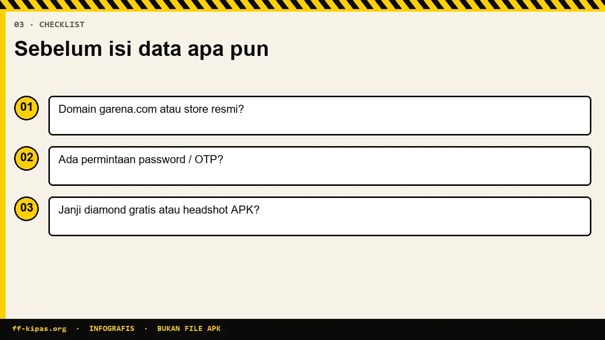 Infografis checklist sebelum percaya situs Free Fire atau unduhan FF Kipas