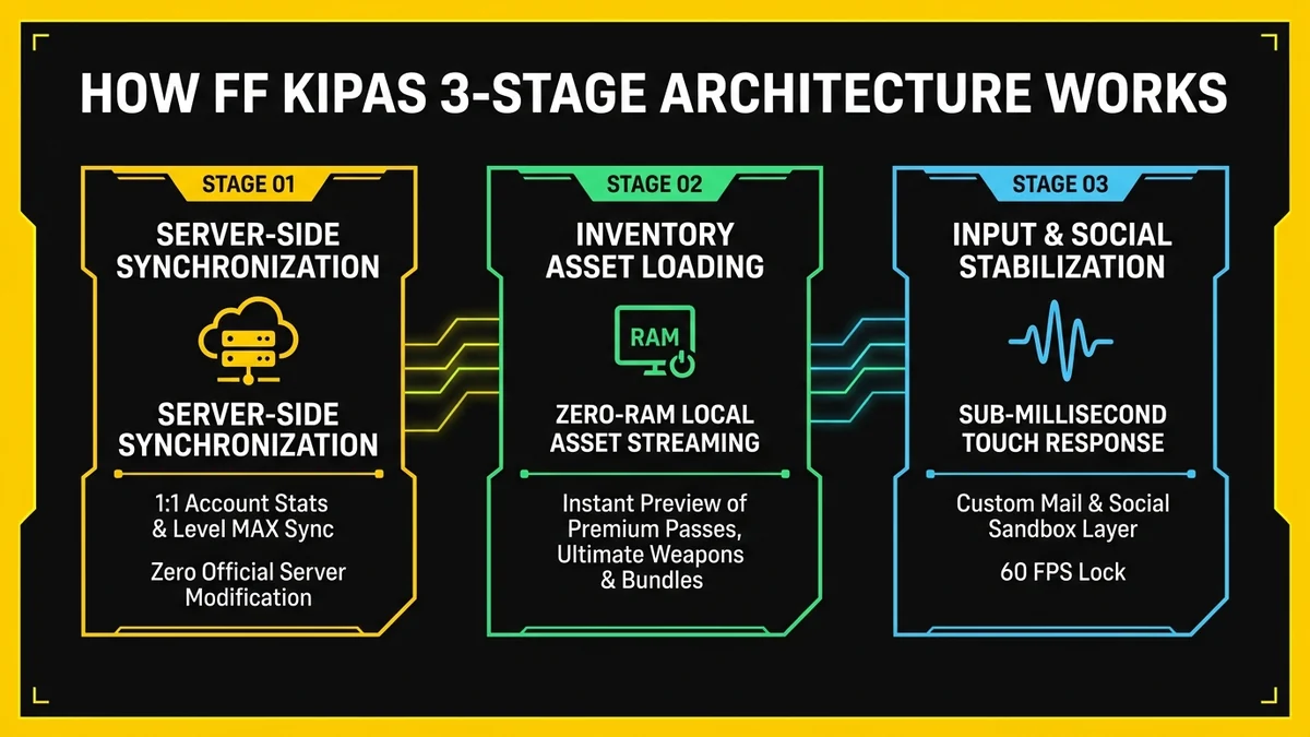 Diagram Arsitektur 3 Tahap FF Kipas: Sinkronisasi Server, Pemuatan Aset Zero-RAM, dan Stabilisasi Input 60 FPS