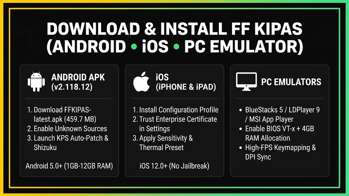 Panduan Cara Download dan Install FF Kipas APK v2.118.12 di Android, iOS iPhone/iPad, dan Emulator PC
