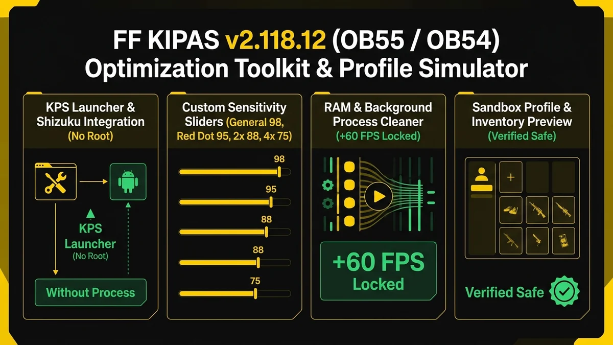 Infografis Dashboard FF Kipas OB55 v2.118.12 Optimization Toolkit & Profile Simulator untuk Free Fire