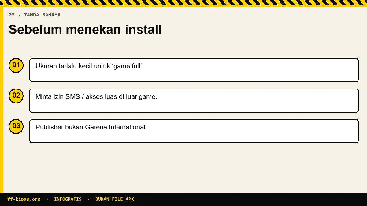 Infografis tanda file mod Free Fire berbahaya seperti izin aneh dan ukuran tidak masuk akal